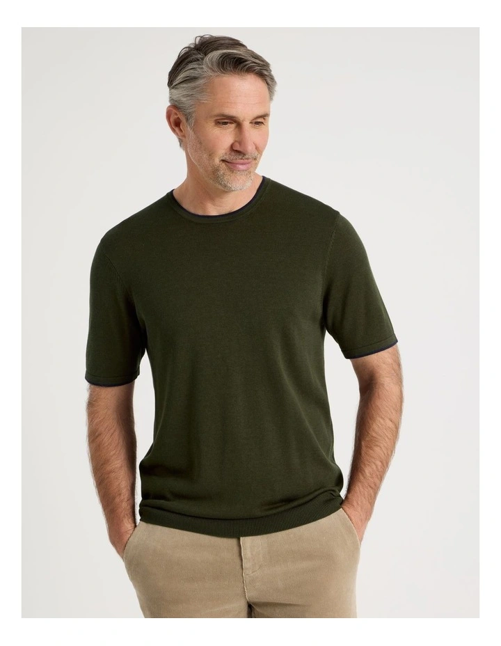 Short Sleeve Bamboo Cotton T-Shirt With Contrast Tipping in Khaki image 1