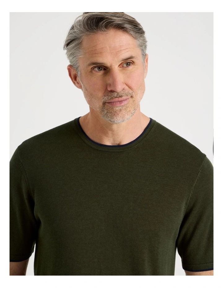 Short Sleeve Bamboo Cotton T-Shirt With Contrast Tipping in Khaki image 2