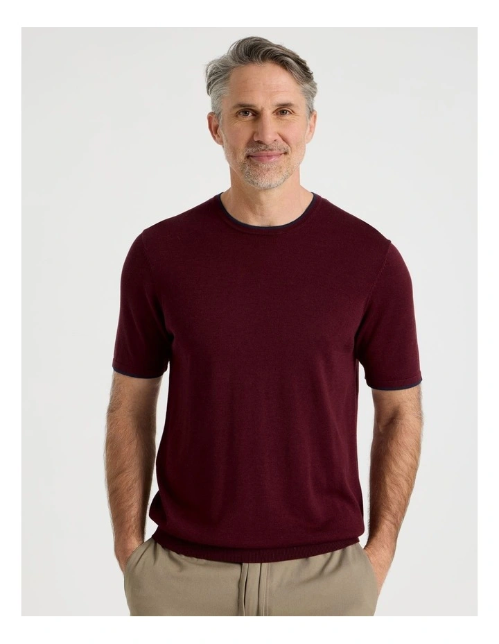 Short Sleeve Bamboo Cotton T-Shirt With Contrast Tipping in Burgundy image 5