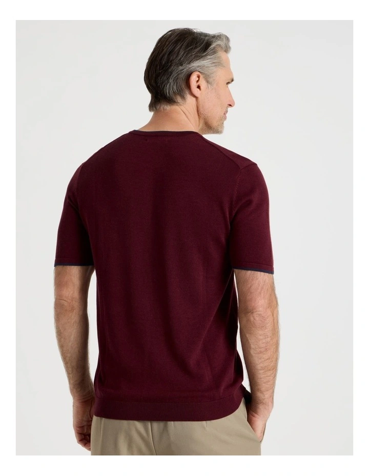 Short Sleeve Bamboo Cotton T-Shirt With Contrast Tipping in Burgundy image 6