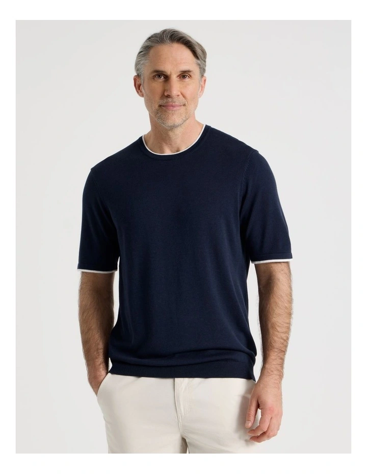 Short Sleeve Bamboo Cotton T-Shirt With Contrast Tipping in Navy image 1