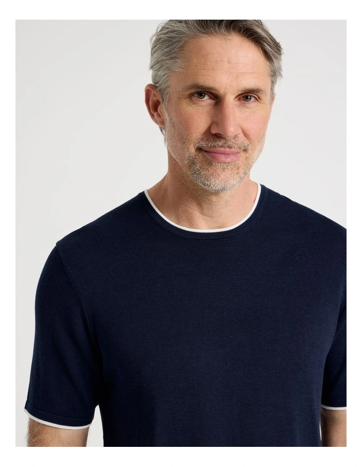 Short Sleeve Bamboo Cotton T-Shirt With Contrast Tipping in Navy image 1