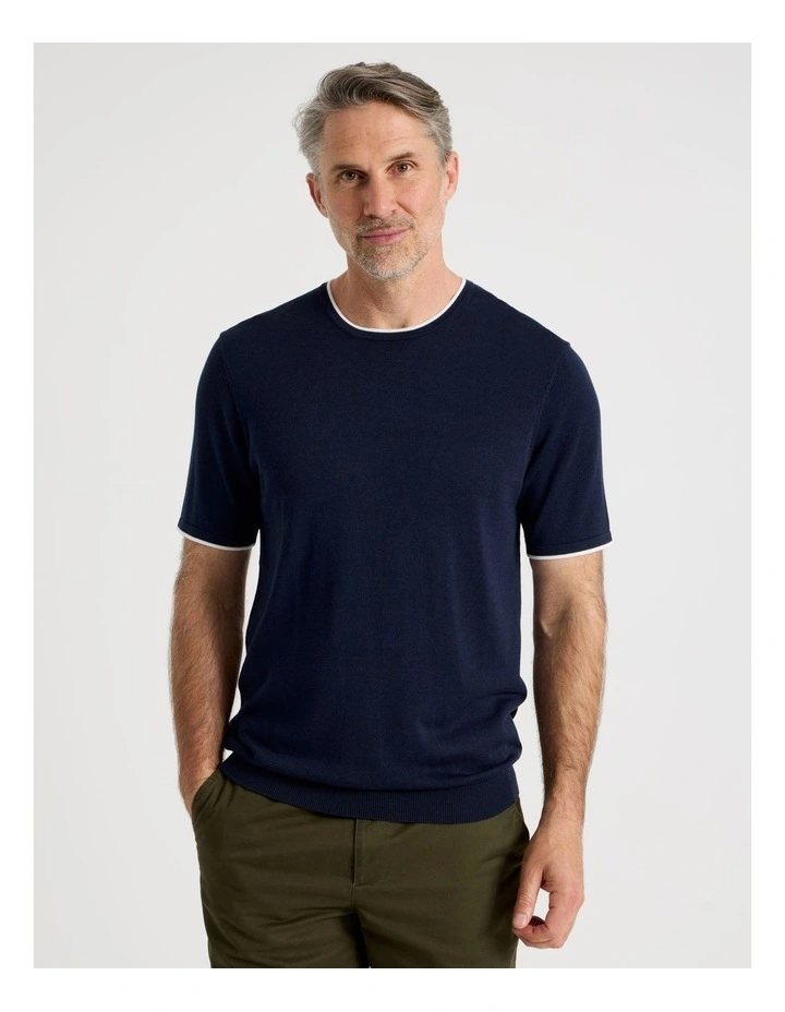 Short Sleeve Bamboo Cotton T-Shirt With Contrast Tipping in Navy image 2