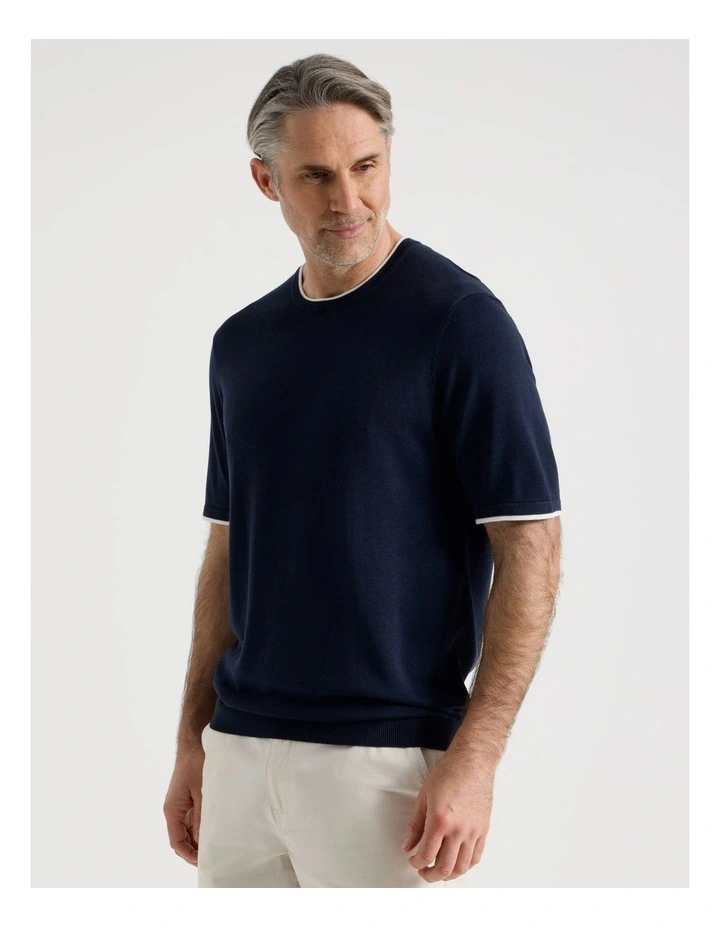 Short Sleeve Bamboo Cotton T-Shirt With Contrast Tipping in Navy image 3