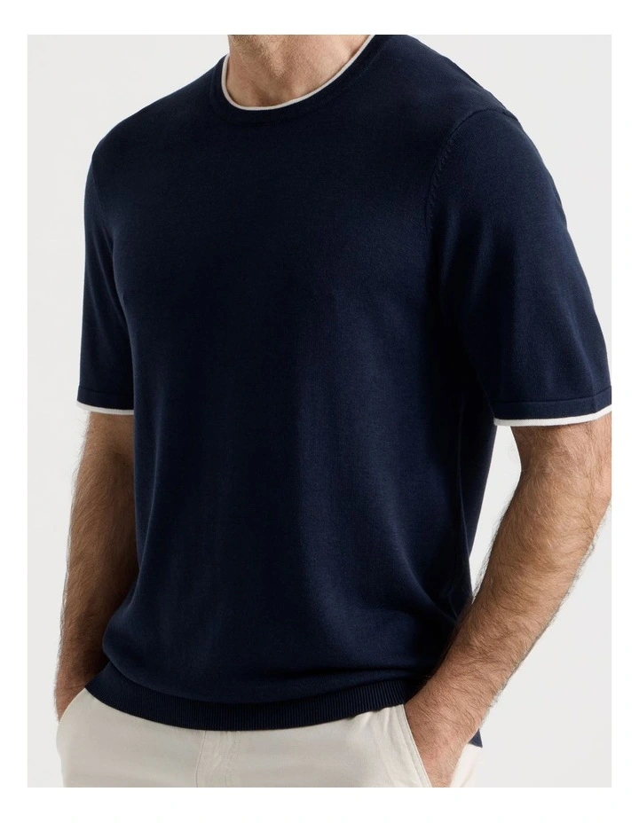 Short Sleeve Bamboo Cotton T-Shirt With Contrast Tipping in Navy image 4