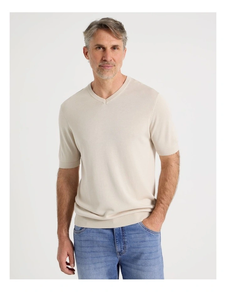 V-Neck Bamboo Cotton T-Shirt in Ecru image 1