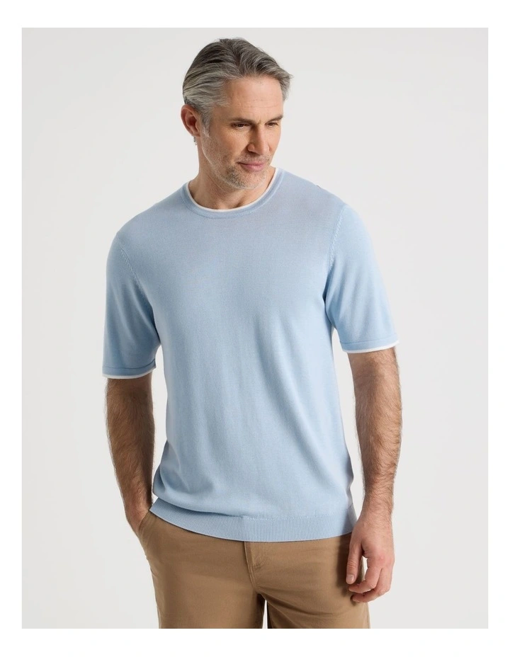 Short Sleeve Bamboo Cotton T-Shirt with Contrast Tipping in Light Blue image 1