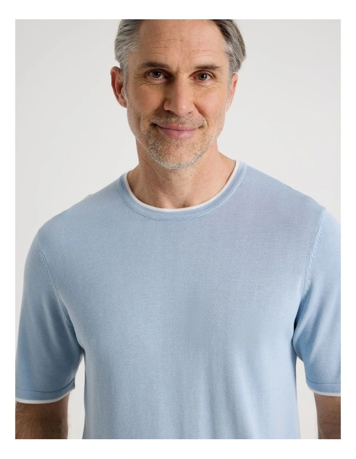 Short Sleeve Bamboo Cotton T-Shirt with Contrast Tipping in Light Blue image 3