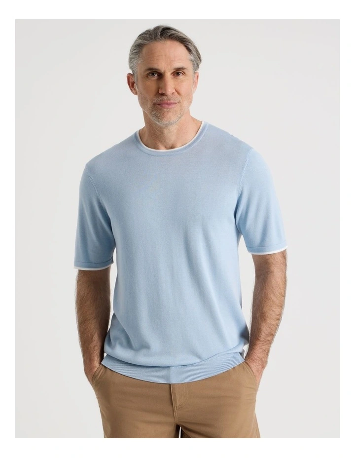 Short Sleeve Bamboo Cotton T-Shirt with Contrast Tipping in Light Blue image 4