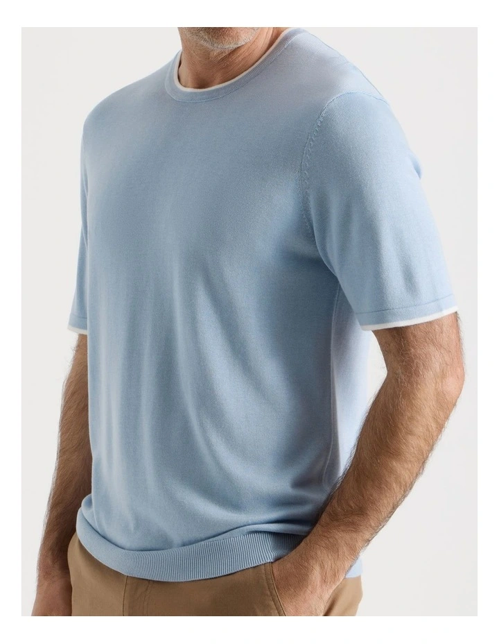 Short Sleeve Bamboo Cotton T-Shirt with Contrast Tipping in Light Blue image 5