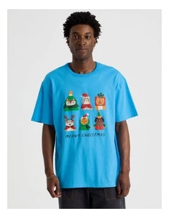 Meowy Xmas Placement Print Tee in Blue