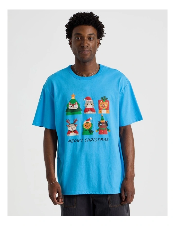 Meowy Xmas Placement Print Tee in Blue image 1