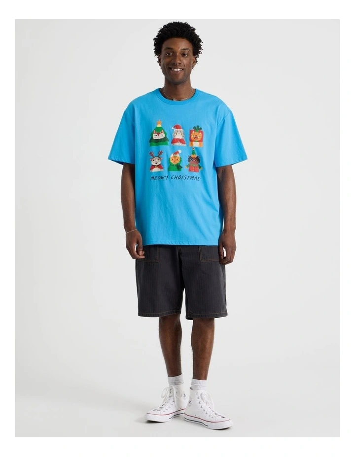 Meowy Xmas Placement Print Tee in Blue image 3