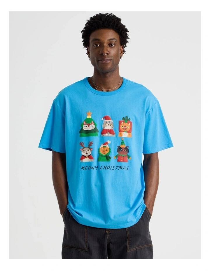 Meowy Xmas Placement Print Tee in Blue image 4
