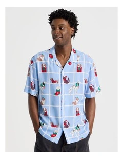 Short Sleeve Shirt in Blue Cats & Dogs Print