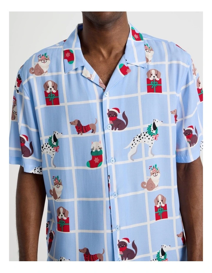 Short Sleeve Shirt in Blue Cats & Dogs Print image 4