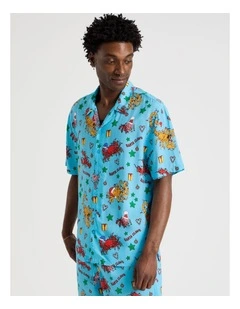 Short Sleeve Shirt in Light Blue Santa's Seafood Print