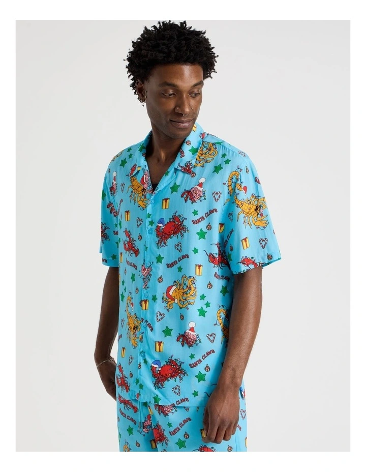 Short Sleeve Shirt in Light Blue Santa's Seafood Print image 1