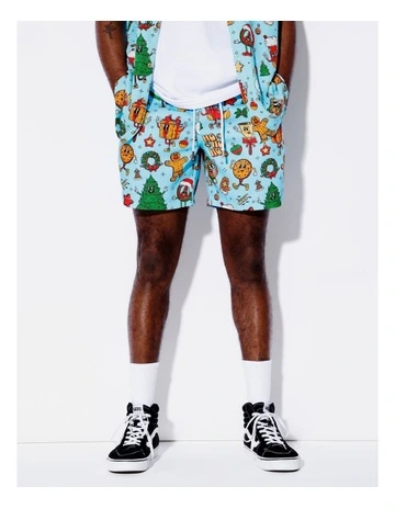 Blue Christmas Print Shorts in Blue