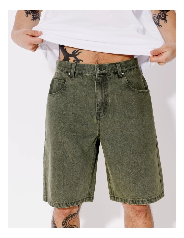 Farley Garment Wash Denim Shorts in Green image 3