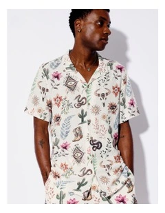 Wild West Print Linen Blend Short Sleeve Shirt in Natural
