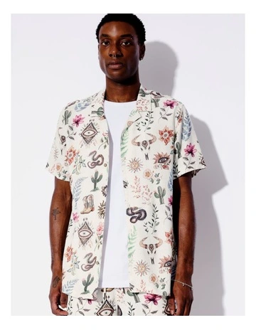 Wild West Print Linen Blend Short Sleeve Shirt in Natural