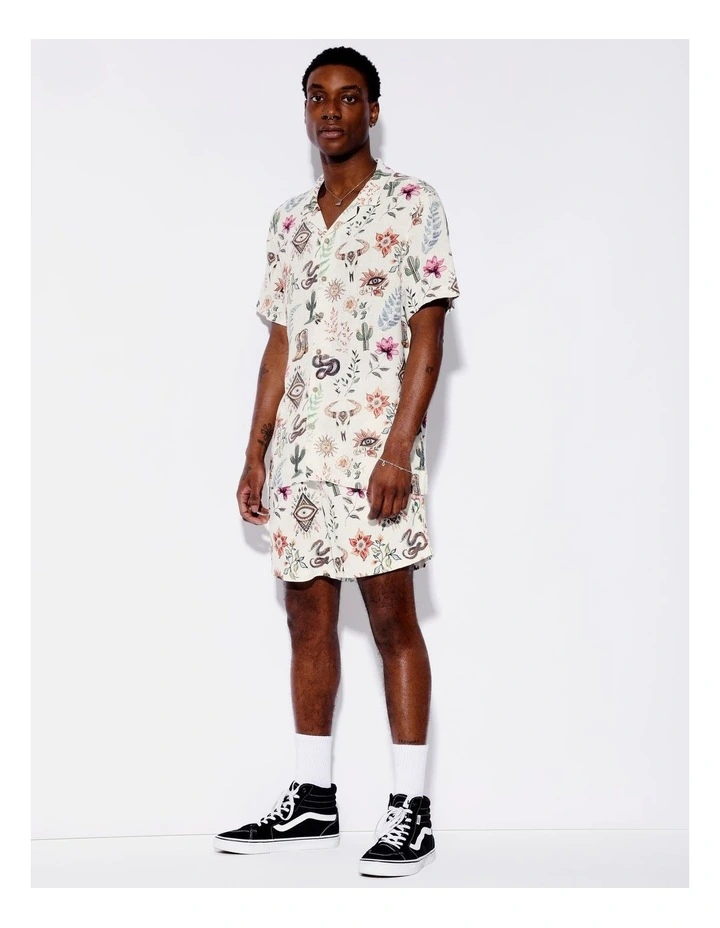 Wild West Print Linen Blend Short Sleeve Shirt in Natural image 3