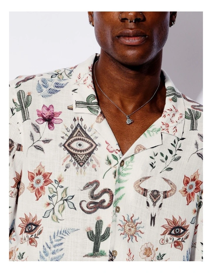 Wild West Print Linen Blend Short Sleeve Shirt in Natural image 4