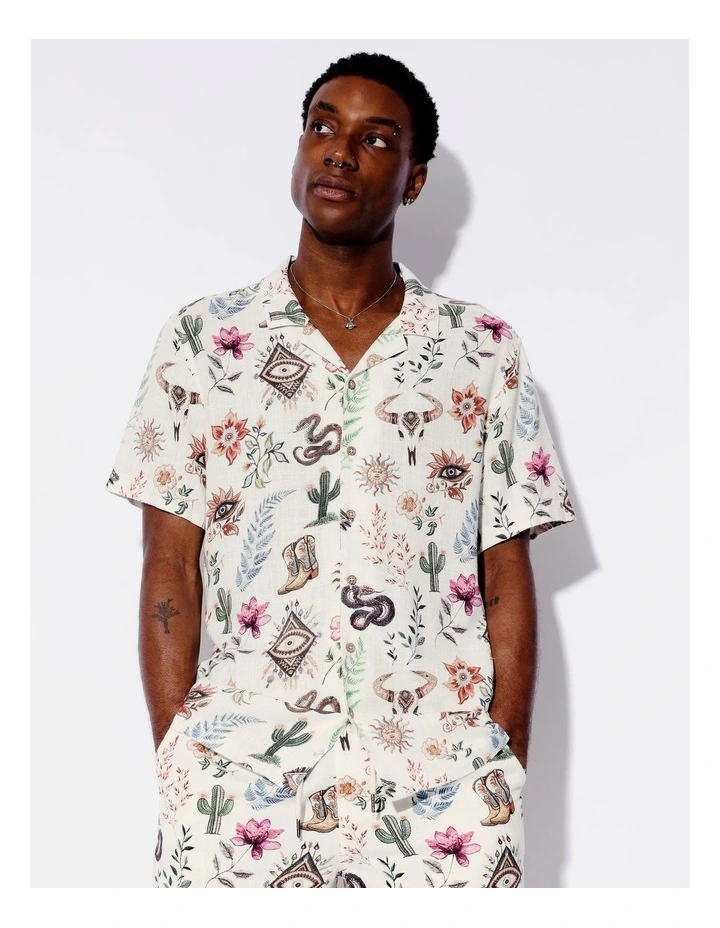Wild West Print Linen Blend Short Sleeve Shirt in Natural image 5