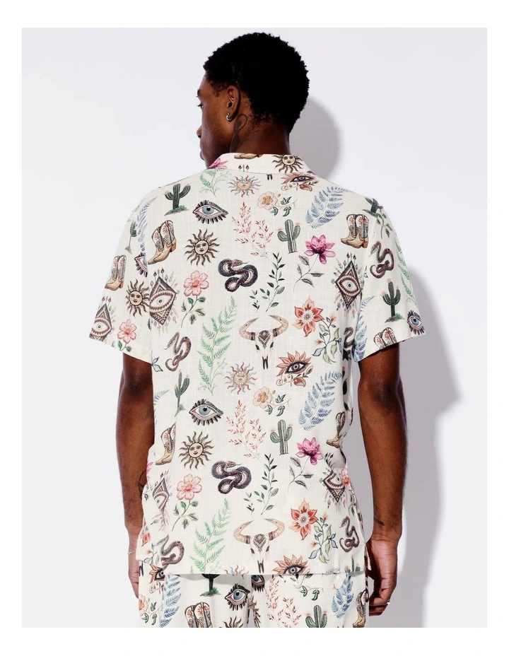 Wild West Print Linen Blend Short Sleeve Shirt in Natural image 6
