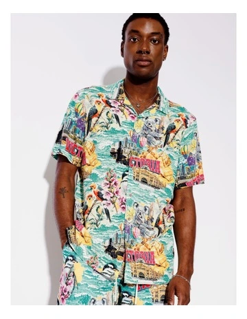 Aussie Tea Towel Print Linen Blend Shirt in Blue