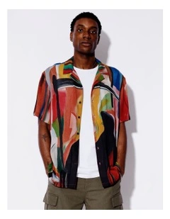 Painted Placement Print Short Sleeve Crepe Rayon Shirt in Assorted