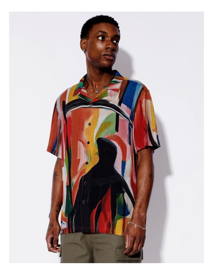 Painted Placement Print Short Sleeve Crepe Rayon Shirt in Assorted image 3