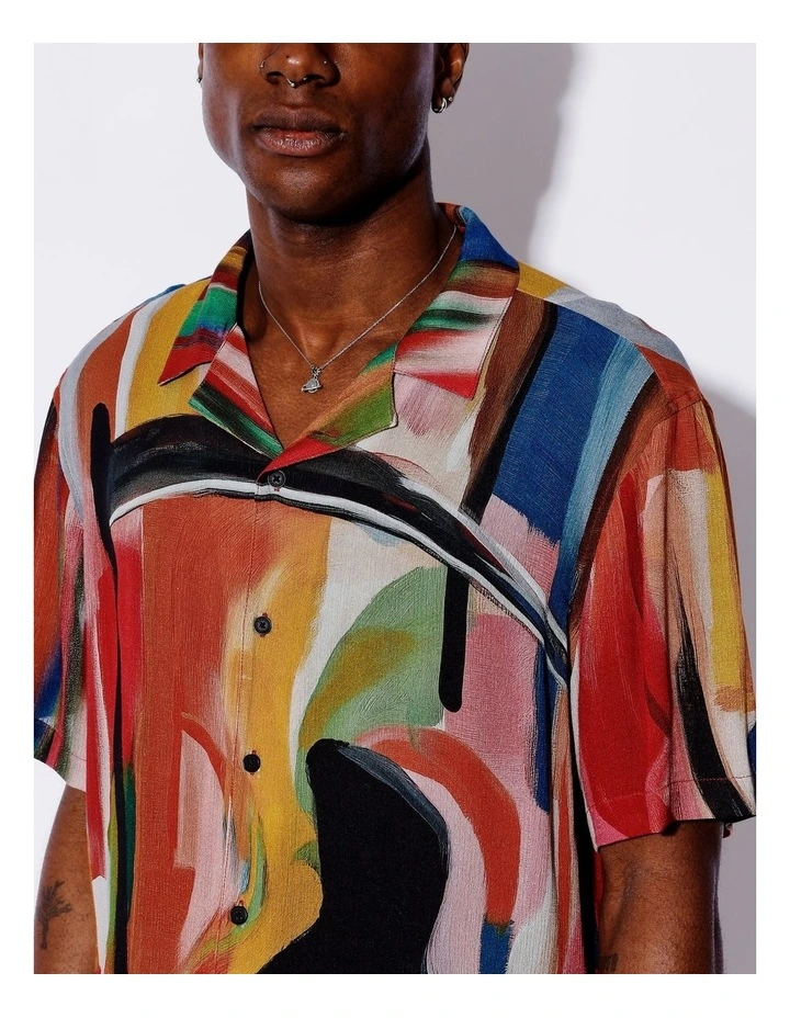 Painted Placement Print Short Sleeve Crepe Rayon Shirt in Assorted image 4