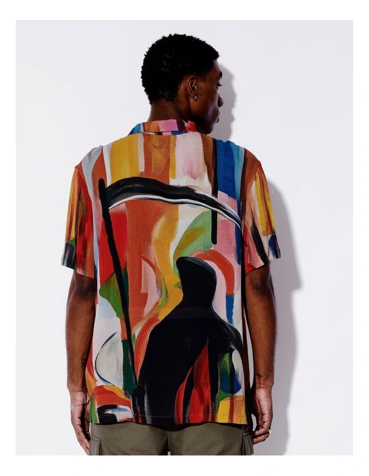Painted Placement Print Short Sleeve Crepe Rayon Shirt in Assorted image 5