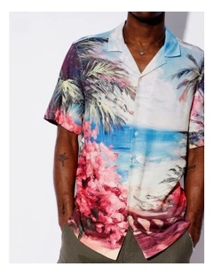 Destination Placement Print Textured Rayon Shirt in Blue