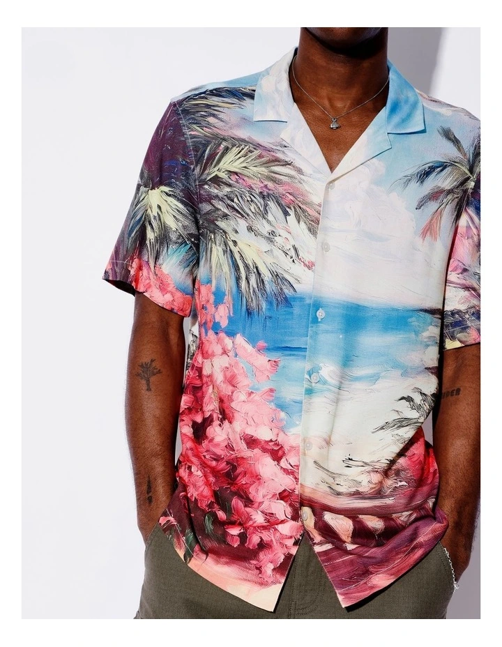 Destination Placement Print Textured Rayon Shirt in Blue image 1