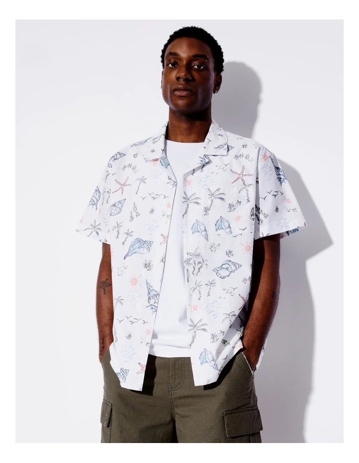 Coral Coast Print Short Sleeve Oversize All Gender Shirt in White image 1