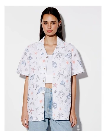 Coral Coast Print Short Sleeve Oversize All Gender Shirt in White