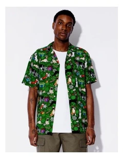 Cartoon Xmas Kitty Print Rayon Short Sleeve Shirt in Green