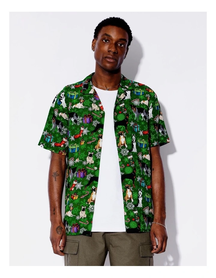 Cartoon Xmas Kitty Print Rayon Short Sleeve Shirt in Green image 1