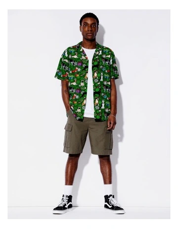 Cartoon Xmas Puppy Print Rayon Short Sleeve Shirt in Green
