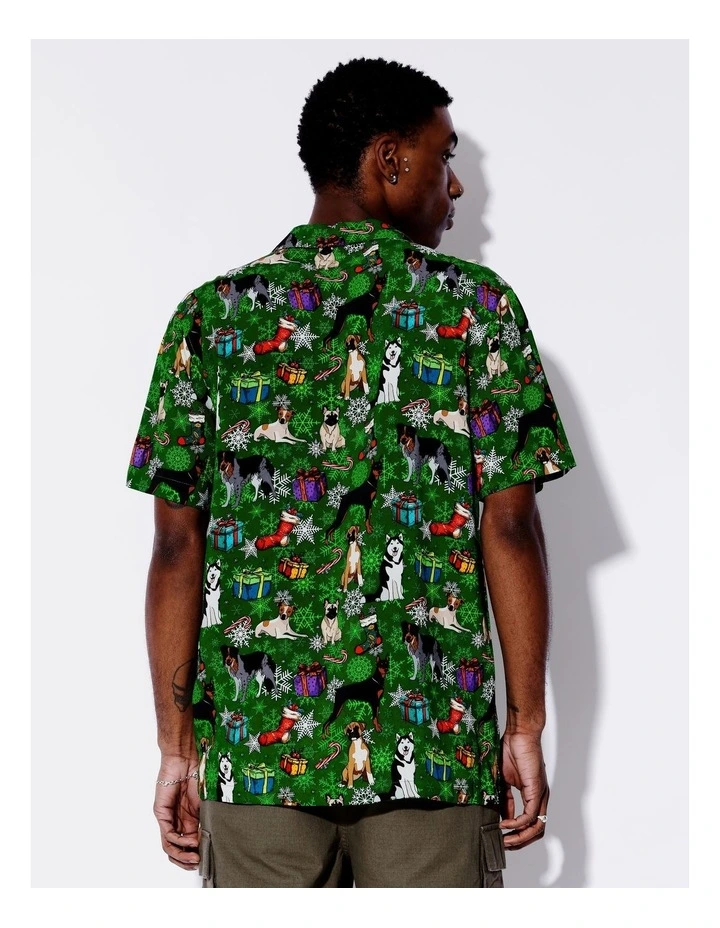 Cartoon Xmas Kitty Print Rayon Short Sleeve Shirt in Green image 5