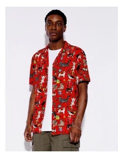 Cartoon Xmas Puppy Print Rayon Short Sleeve Shirt in Red