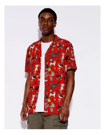 Cartoon Xmas Kitty Print Rayon Short Sleeve Shirt in Red