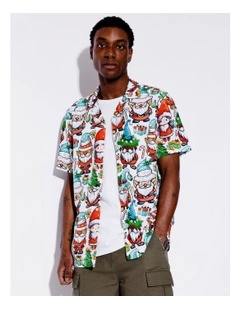 Santa Baby Print Rayon Short Sleeve Shirt in White