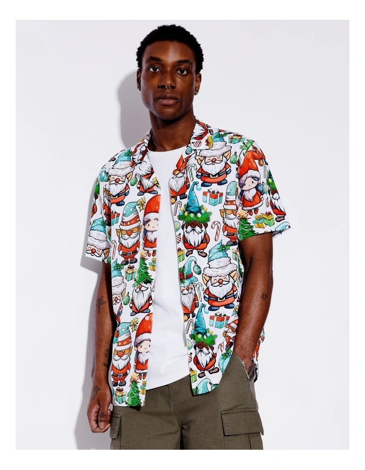 Santa Baby Print Rayon Short Sleeve Shirt in White image 1