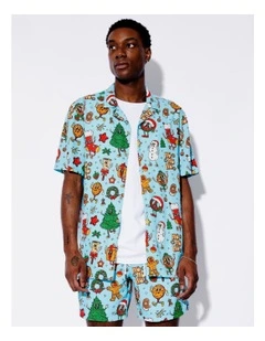 Blue Christmas Print Linen Blend Short Sleeve Shirt in Blue