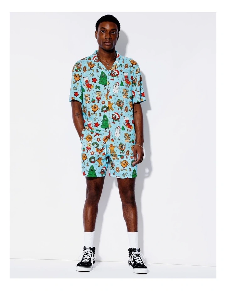 Blue Christmas Print Linen Blend Short Sleeve Shirt in Blue image 3