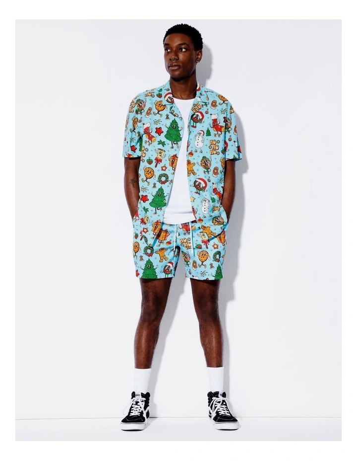 Blue Christmas Print Linen Blend Short Sleeve Shirt in Blue image 6